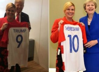 Presidentja kroate ndan fanellat e kombëtares në Bruksel, shikoni reagimet e Trump dhe May