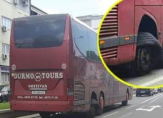 Autobusi i “Durmo Tours” transporton udhëtarët me gomë të shqyer (FOTO)