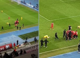Pamjet e dhimbshme nga shtrirja e lojtarëve të Kosovës në fushë, ndërkohë që Maqedonia e Veriut festonte kualifikimin