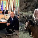 “Do t’i mbajmë apo jo xhaketat?” Liderët e G7 “tallen” me foton e Putinit gjysmë lakuriq mbi kalë