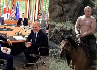 “Do t’i mbajmë apo jo xhaketat?” Liderët e G7 “tallen” me foton e Putinit gjysmë lakuriq mbi kalë