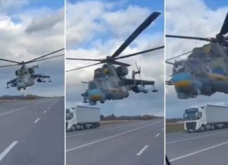 Helikopteri ukrainas fluturon shumë ulët mbi autostradë për të shmangur radarët rus