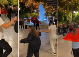 Shqiptarët në Athinë ia marrin valles me këngë patriotike e me flamuj mbi shpinë