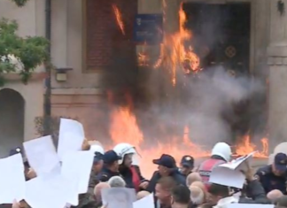 Protestuesit hedhin molotov, përfshihet nga flakët Bashkia e Tiranës