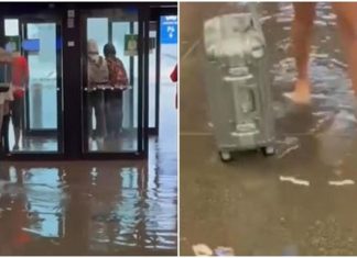 Tërbohet moti! Stuhia e shiut përmbyt aeroportin, uji vërshon mes pasagjerëve në terminal (VIDEO)